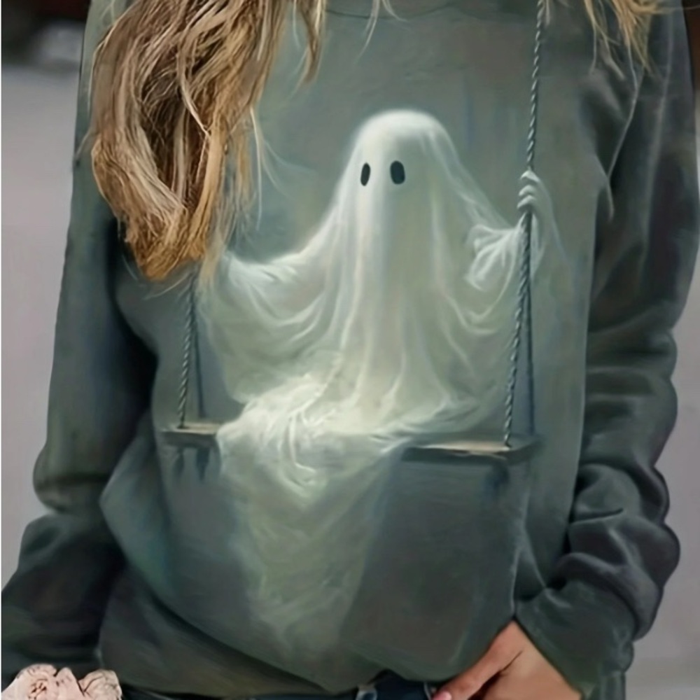 Halloween Cool & Creepy “Ghost Child On A Swing” Graphic Long Sleeve Shirt Sz XL